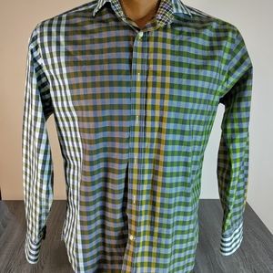 Thomas Dean Medium Men's cotton varied plaid upscale shirt. Green Blue and Gold.